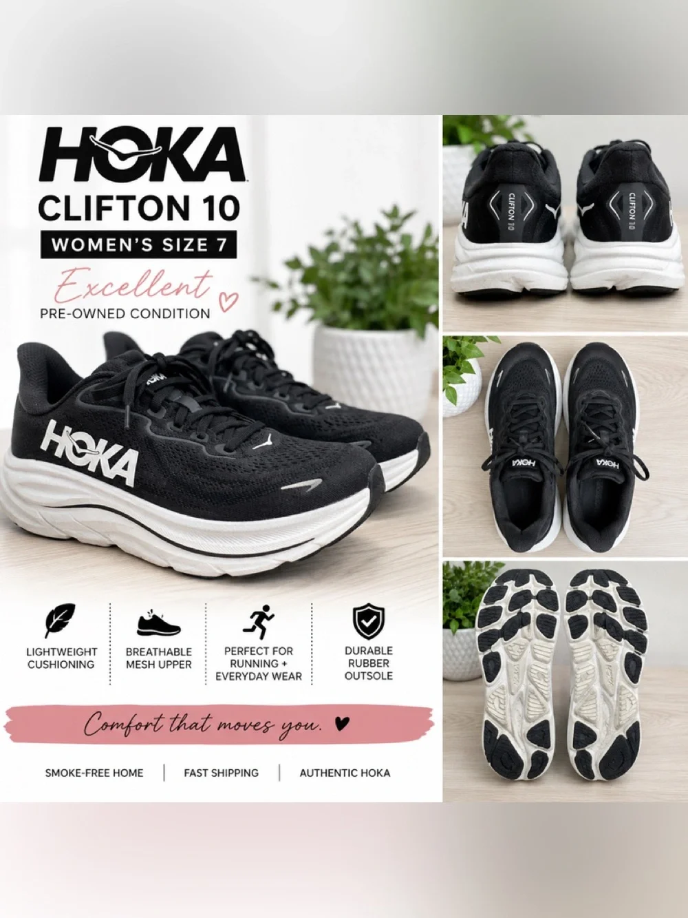 Hoka Clifton 10 Women's Running Shoes in Black and White
